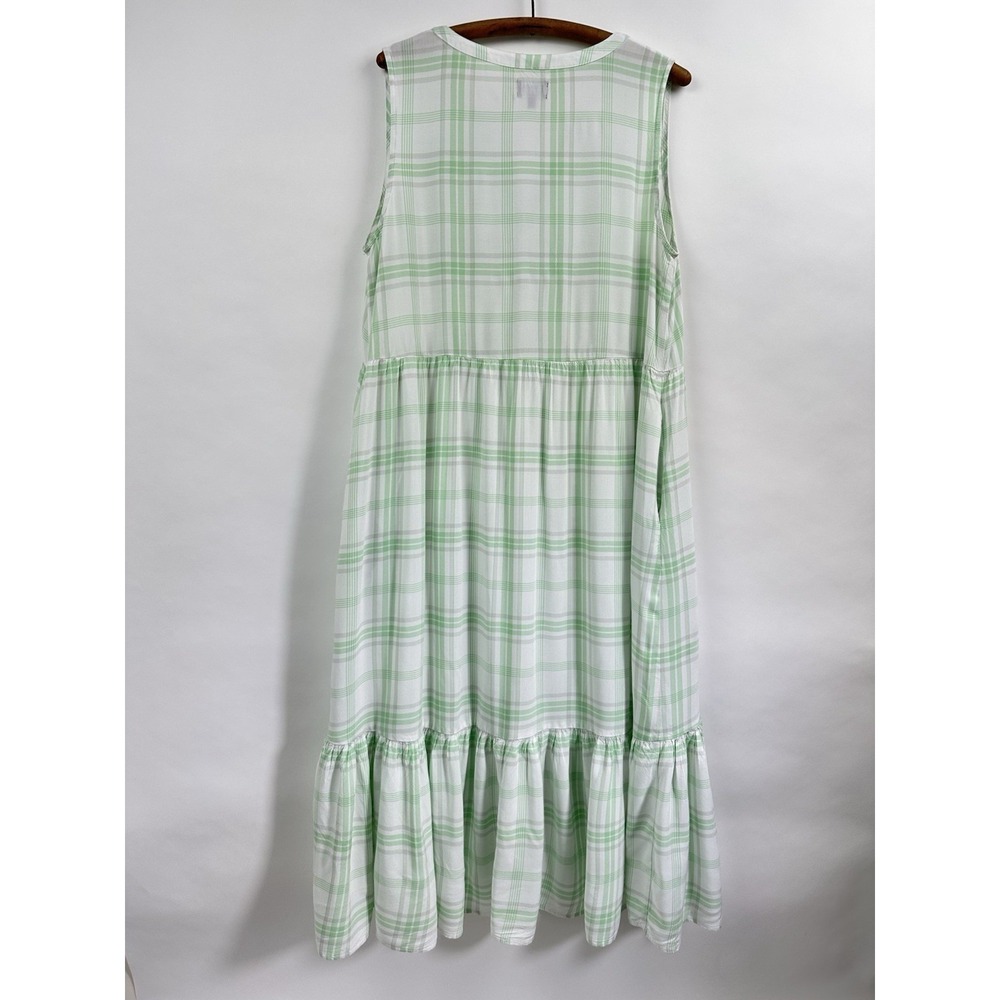 CHAPS Plaid Tiered Maxi Dress Large Mint Green Prairie Cottagecore Pockets Vneck - Picture 9 of 12
